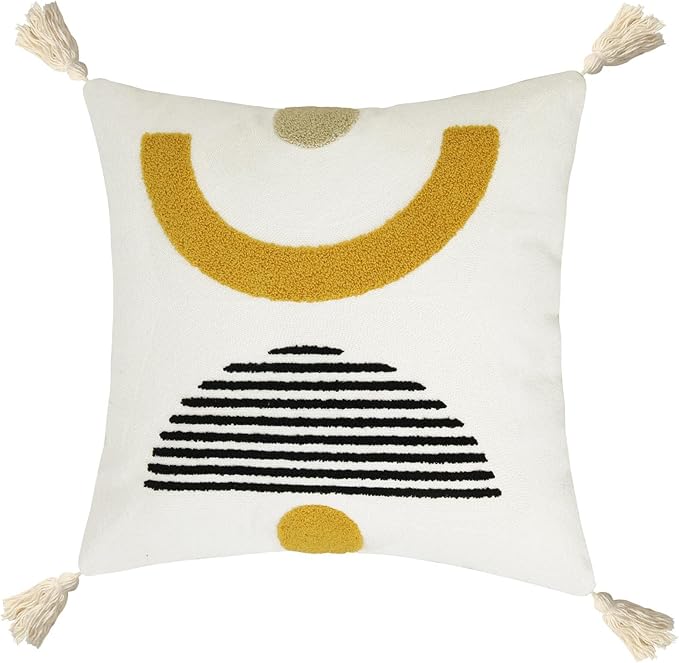 Merrycolor Boho Throw Pillow Covers with Tassels 18x18 Yellow Mid Century Modern Throw Pillows Geometric Decorative Abstract Pillow Cases Textured Boho Accent Pillows for Bed Couch Living Room,1PC