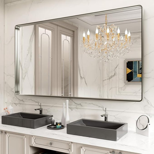 LOAAO 77X36 Inch Brushed Nickel Bathroom Mirror, Rounded Rectangle Silver Metal Frame Mirror, Brushed Nickel, Anti-Rust, Hangs Horizontally or Vertically