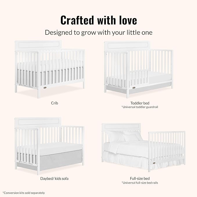 Dream On Me Avery 5-in-1 Convertible Full-Size Baby Crib in White, GreenGuard Gold & JPMA, 3 Mattress Heights, Converts to Toddler, Day & Full-Size Bed, Create a Safe and Baby-Friendly Nursery
