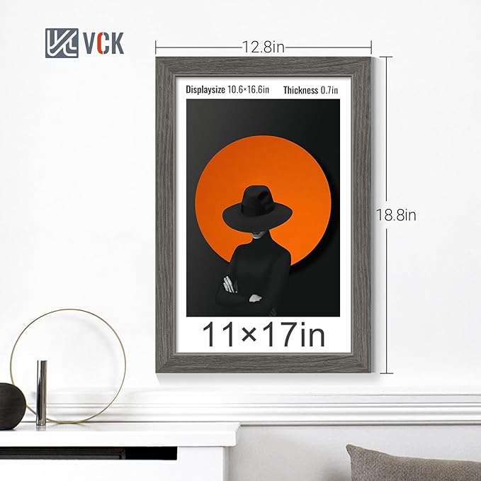 VCK 11x17 Picture Frame Set of 4 - Grey, Gallery-Quality Wood Poster Frames, 1.1-Inch Wide Border, Polished Plexiglass, Vertical or Horizontal Wall Display for Photo/Art/Prints, Grey