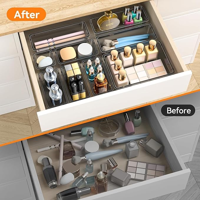 WOWBOX 44 PCS Clear Plastic Drawer Organizer Set, 4 Varied Size storage Bins and Desk Drawer Organizer Trays for Makeup, Gadgets, Jewelry and Utensils in Bathroom, Bedroom and Office, Clear Black