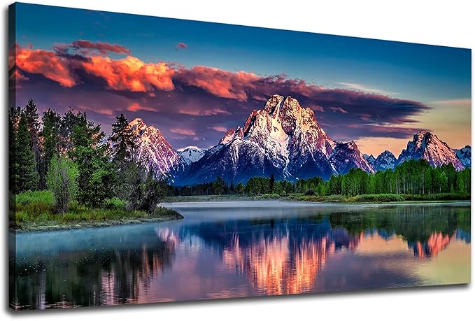 Sunset Landscape Canvas Wall Art for Living Room Grand Teton Wyoming National Park Picture Wall Decor Snake River Mountain Forest Nautre Prints Artwork Bedroom Bathroom Office Home Decor 24" X 48"