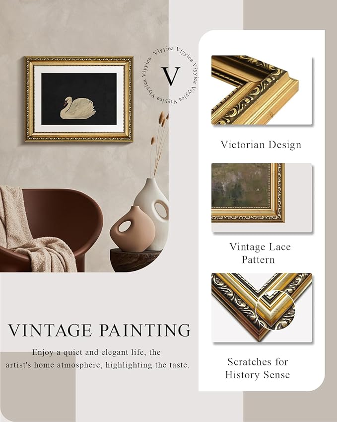 VIYYIEA Gold Framed Wall Art Canvas Print Home Decor Vintage Swan Decoration Grace Swan Art Painting Pictures Rustic Bathroom Wall Decor Animal Farmhouse Artwork for Living Room Bedroom Office 11x14in
