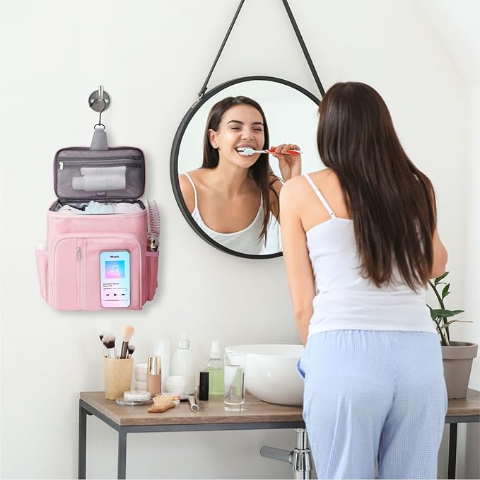 F-color Hanging Shower Caddy Portable - College Dorm Essentials for Guys with Hooks, Quick-Dry Shower Bag for Dorm Travel Gym Camping, Water-Resistant with Multiple Pockets, 2 Packs Pink