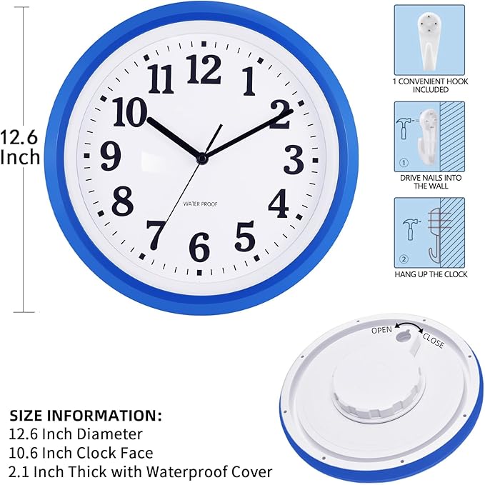 Caysie 12 Inch Sealed Indoor Outdoor Waterproof Wall Clock, Durable Silent Non-Ticking Battery Operated Quality Quartz Round Clock, Wall Decorative for Patio, Pool, Bathroom (Blue)