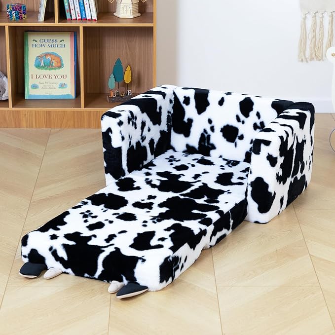 ALIMORDEN Fold Out Toddler Couch, Comfy 2-in-1 Cuddly Sherpa Bear Chair for Kids, Convertible Sofa to Lounger, Kids Cozy Corner Play Couch for Boys and Girls, Cow