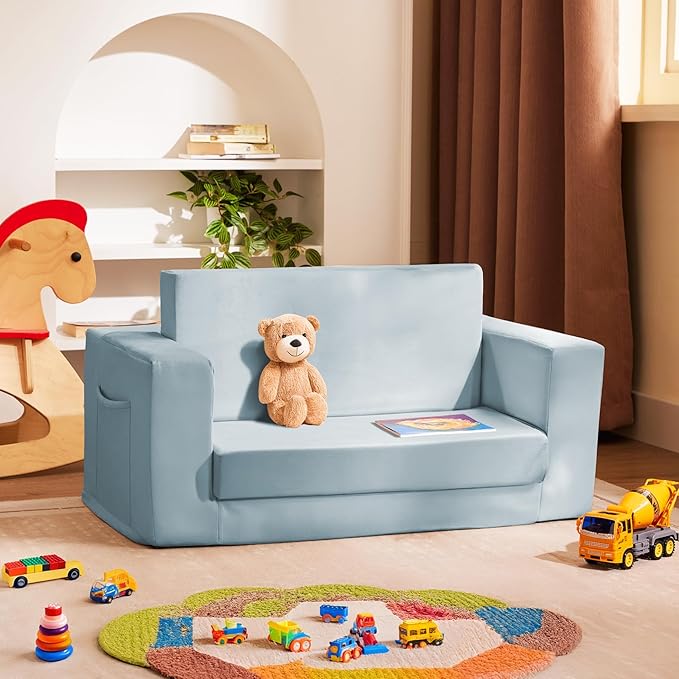 Kids Couch, 2-in-1 Toddler Chair Comfy 1-3 Years, Convertible Kids Chair, Toddler Couch That Fold Out, Kid Lounge Chairs for Boys and Girls, Soft Coral Fleece, Double, Blue