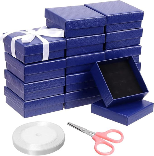 Glarks 17pcs Dark Blue 2.95 x 2.95in Jewelry Gift Boxes with Pink Scissors and White Polyester Ribbon Set, Diamond Pattern Necklace Earring Bracelet Boxes Gift Case Ideal