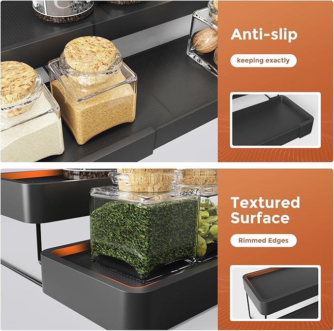 2 Pack Expandable Spice Rack Organizer for Cabinet - 3 Tier Adjustable Cabinet Spice Organizer Easy Visibility - Spice Organizer for Cabinet Countertop Cupboard Pantry Organization (Black)
