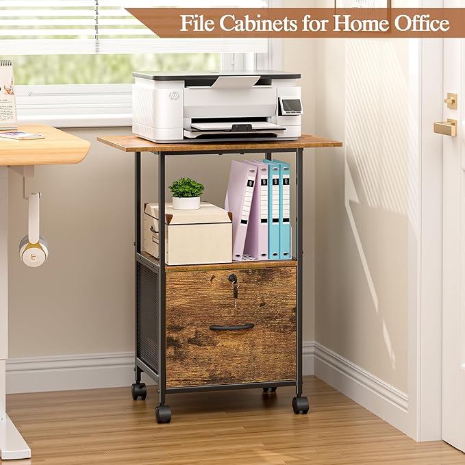 File Cabinet Small Filing Cabinet with Lock Printer Stand with Storage, Rolling File Cabinet with Drawer Vertical File Cart with Wheels, Lockable Filing Cabinet for Home Office
