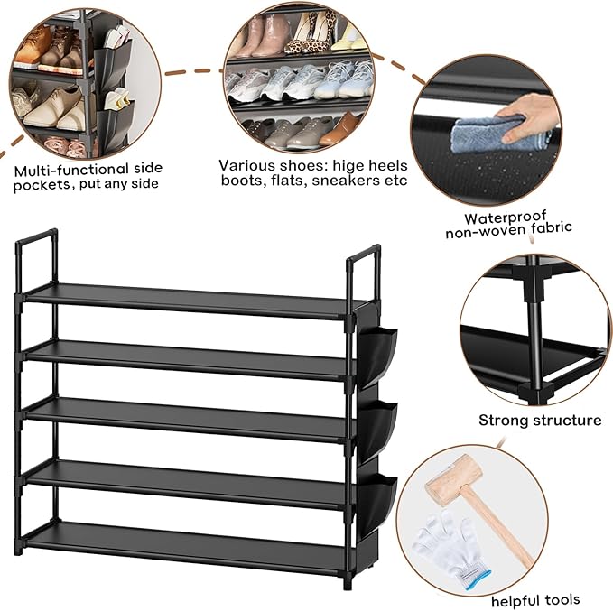 Shoe Rack 5 Tier Shoe Organizer Storage 20-25 Pairs Shoes Rack for Closet Shoes Rack Organizer Entryway Shoe Holder Space Saving Shoe Shelf Shoe Stand Large Tall Shoes Tower Garage Door