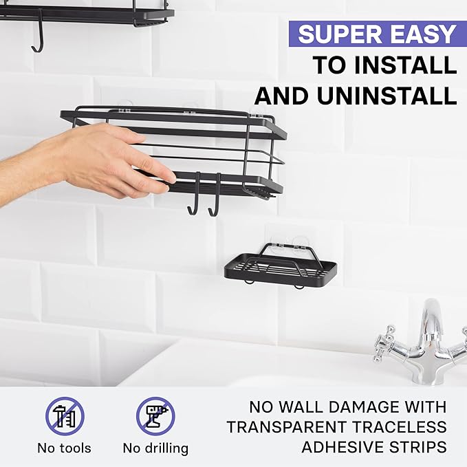 KINCMAX Premium Shower Caddy with Soap Holder, 2-Pack Adhesive Shower Organizer, No Drill Bathroom Shelves, Rustproof Stainless Steel Shelves for Inside, Shower Storage Rack, Matte Black