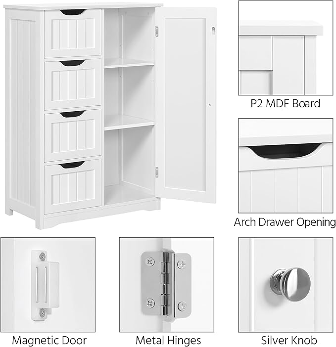 Yaheetech Wooden Floor Cabinet, Side Storage Organizer with 4 Drawers and 1 Cupboard, Freestanding Entryway Storage Unit Console Table, Bathroom Furniture Home Decor, White