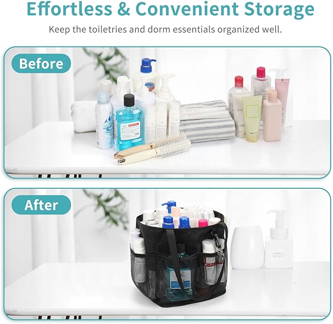 Mesh Shower Caddy Portable for College Dorm Room Essentials, Shower Tote Bag with Hanging Hook and Drawstring, Quick Dry Toiletry Bag with 6 Pockets for Bathroom, Swimming, Gym, Camping, Beach, Travel
