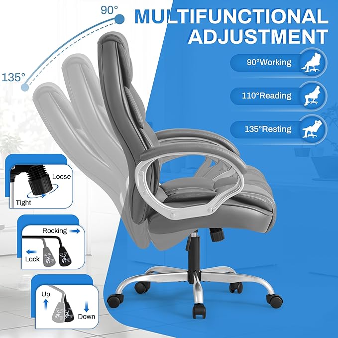 Furmax Leather High Back Office Chair Ergonomic Executive Office Chair Swivel Computer Desk Chair Lumbar Support Soft Cushioned Padded Arms (Grey)