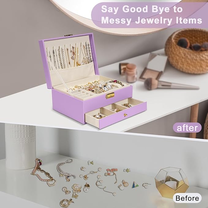 2-Layer Jewelry Box for Women Girls, Jewelry Organizers and Storage with Removable Jewelry Tray, Vintage Quilted Top Lockable Jewelry Holder Gift Idea Light Purple