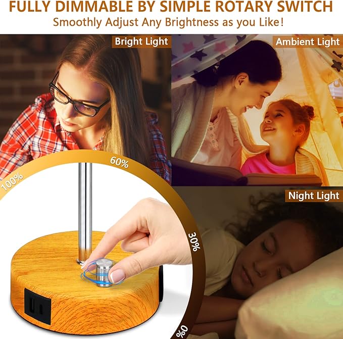 HiBay 17.75"H Dimmable LED Bedside Table Lamp with USB Charging Ports & AC Outlet, Modern Wood-Grain Nightstand Light for Bedroom, Office, Living Room, Kids Room, Round Fabric Shade, E26 Bulb Included