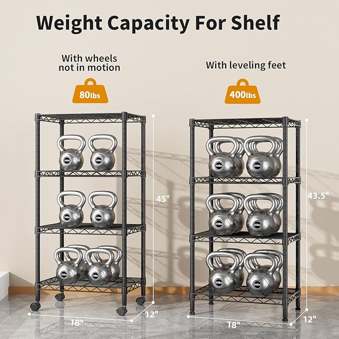 Small 4 Tier Shelves Storage Wire Shelving Unit Metal Shelf Adjustable Organizers Storage Shelving with Wheels for Bathroom Laundry Room Kitchen Pantry12”D x 18”W x 44.8”H Black