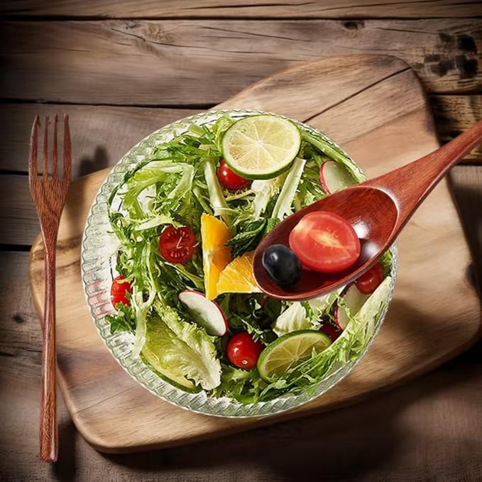 Glass Salad Bowl with Bamboo Base-4QT Party Serving Set with Utensils, Durable Calcium Glass & Rustic Wood Stand for Entertaining, Dishwasher-Safe Fruit Vegetable Mixing Bowl