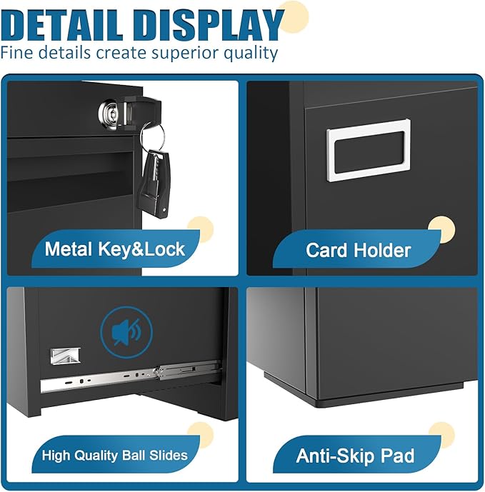 2 Drawer File Cabinet with Lock, Metal Small File Cabinet, Black Filing Cabinets for Home Office, Vertical File Cabinets Locked for A4/F4/Letter/Legal, Easy Assemble