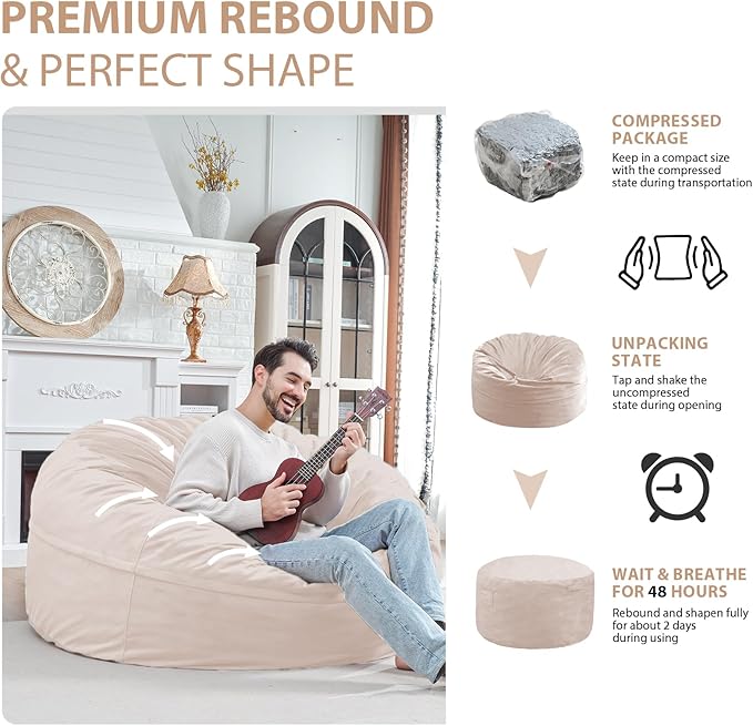 5FT Bean Bag Chair, Large Bean Bag Chairs with Memory Foam Filled, Fluffy Beanbag Sofa with Dutch Velvet Cover, Round BeanBag Chairs for Living Room, Playroom - Beige