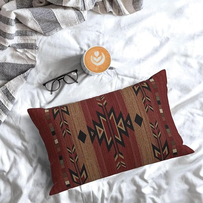 Boho Red Carpet Throw Pillow Covers 12x20 Inch Set of 2, Rustic Tribal Decorative Throw Pillow Covers Antique Red Linen Outdoor Cushion Cover for Sofa Couch Farmhouse Room Bed Decor