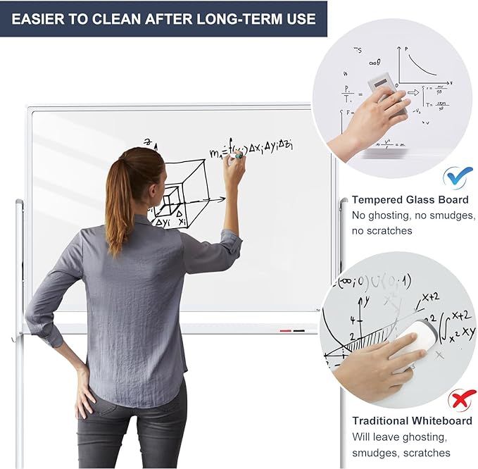 Mobile Clear Glass Whiteboard, 48 x 32 Inches Standing White Board on Wheels, Large Rolling Dry Erase Board with Stand, Transparent Tempered Glass Board for Office Home School, with Chart Paper
