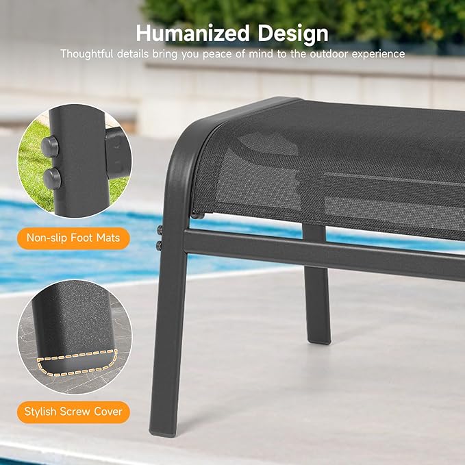 ONBRILL Outdoor Ottoman Foot Rest Set of 2, Textilene Fabric Outdoor Footstool with Tight Surface and Stable Metal Frame, Wide Use Outdoor Ottomans for Patio, Balcony, Poolside and Indoors, Black