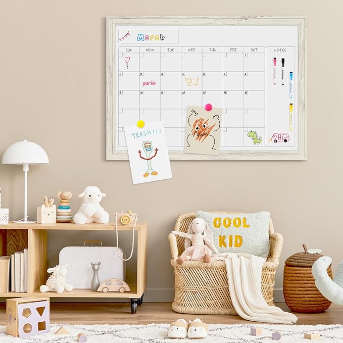 4 THOUGHT Whiteboard Calendar 36" x 24" Magnetic Dry Erase Board Wood Frame Wall-Mounted Monthly Planner White Board Decorative Notice Board for Office School Home, White Vintage