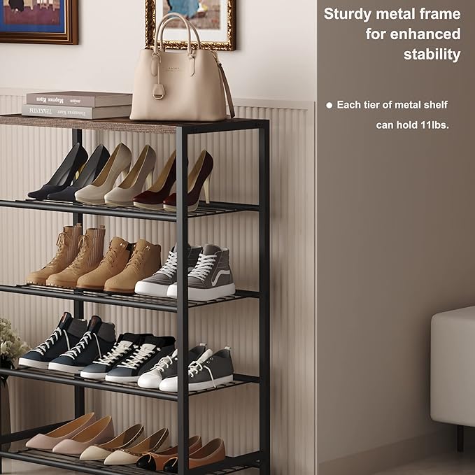 HOMEFORT 5-Tier Shoe Rack, Shoe Storage Shelf with MDF Top Board, Shoe Rack Organizer, Each Tier Fits 3 Pairs, Entryway Shoe Stand with Sturdy Shelves, Rustic Brown