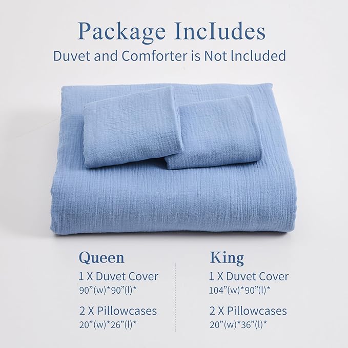 MEISHANG Muslin Duvet Cover Queen Size - 100% Organic Cotton, Soft Textured Gauze Weave Comforter Cover for Breathable All-Season with Zipper Closure - 3 Piece Set (Queen, Smoky Blue)
