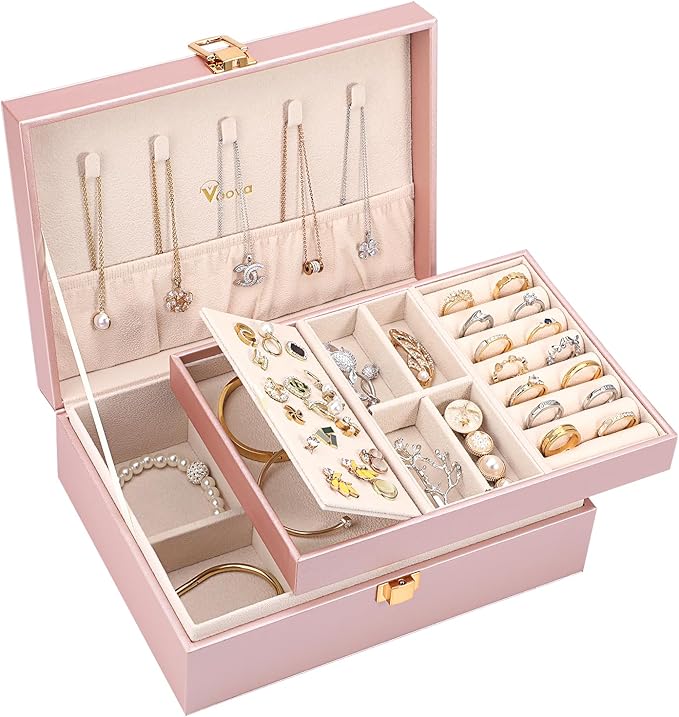 Voova Jewelry Box Organizer for Women Girls, 2 Layer Large Men Jewelry Storage Case, PU Leather Display Jewellery Holder with Removable Tray for Necklace Rings Bracelets,Vintage Gift,Rose Gold