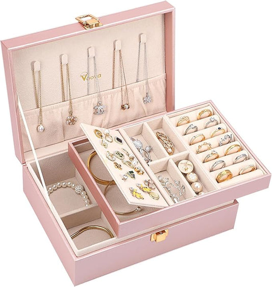 Voova Jewelry Box Organizer for Women Girls, 2 Layer Large Men Jewelry Storage Case, PU Leather Display Jewellery Holder with Removable Tray for Necklace Rings Bracelets,Vintage Gift,Rose Gold