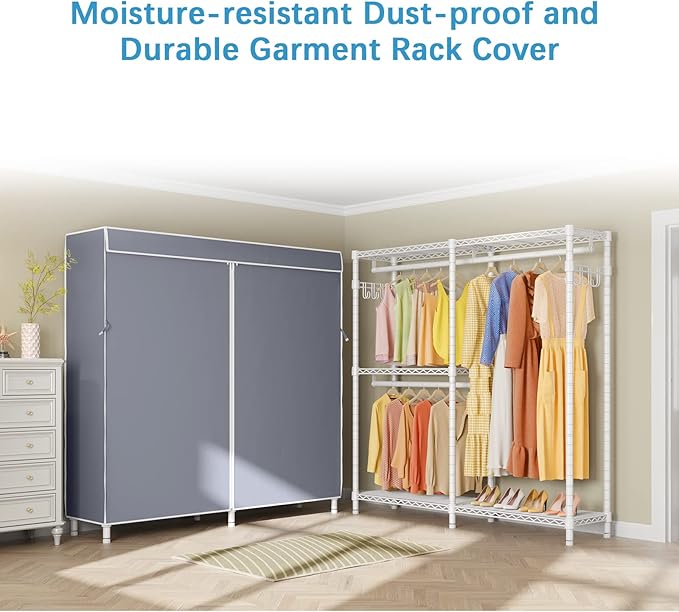 VIPEK V4C Heavy Duty Adjustable Clothing Rack, White Metal Closet Rack with Grey Cover, 57.9" L x 17.3" W x 76.4" H, 3 Hanging Rods & Side Hooks, Portable Closet