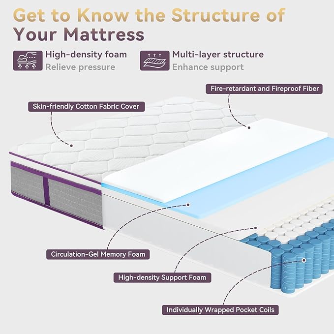 Twin XL Size Mattress,12 Inch Twin XL Hybrid Mattress in a Box with Cool Gel Memory Foam & Pocket Spring for Pressure Relief,Medium Firm Mattress, Fiberglass Free,CertiPUR-US Certified