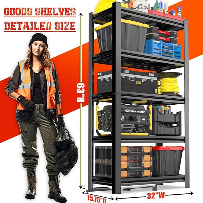 Garage Shelving - 5 Tier Adjustable Storage Shelves, Heavy Duty Metal Storage Utility Rack Shelf Unit for Warehouse Pantry Closet Kitchen, Black, 32" W X 16" D X 63" H