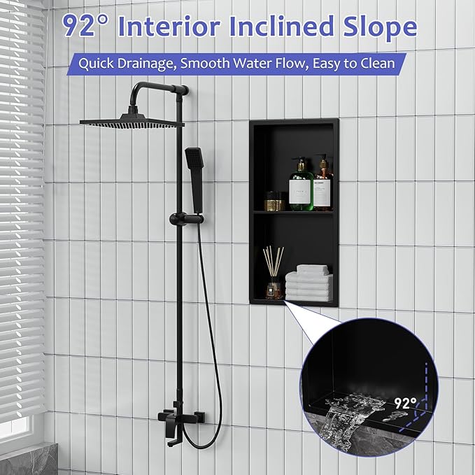 Shower Niche No Tile Needed, 12" X 24"(Inner Size 11"X22.6") Bathroom Niche for Shower Wall, Black Stainless Steel Shower Niche Insert for Bathroom, Recessed 2-Tier Wall Niche Shelf