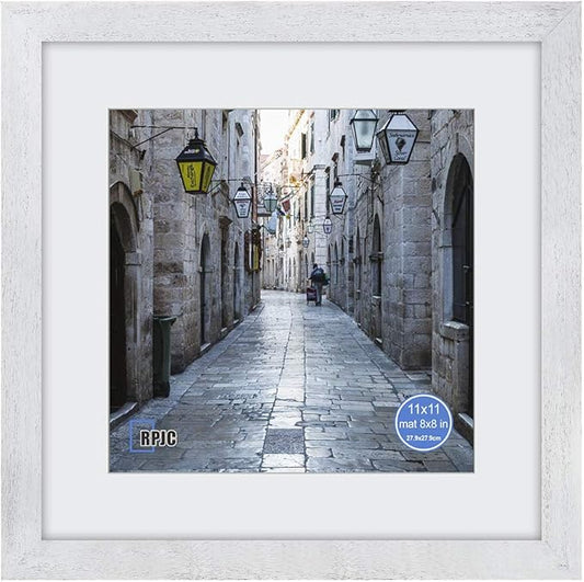 11x11 Inch Picture Frame Made of Solid Wood and High Definition Glass Display Pictures 8x8 with Mat or 11x11 Without Mat for Wall Mounting Photo Frame Rustic White