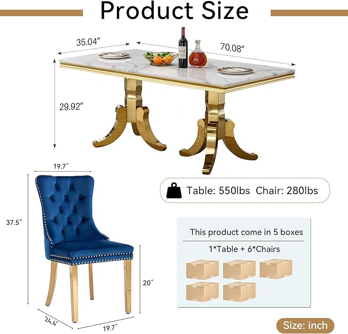 Goujxcy Faux Marble Dining Table Set for 6, Modern 7-Piece Dining Table Set with 6 Velvet Upholstered Chairs, 70" Large Long Faux Marble Kitchen Dining Room Table and Chairs with Stainless Steel Legs