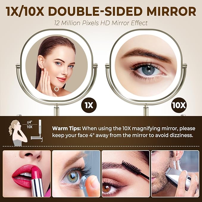 9" Wall Mounted Lighted Makeup Mirror, 3000mAh Rechargeable Double Sided 1X/10X Magnifying Mirror with Hook, 3 Color Lights Dimmable 360° Rotation Vanity Mirror for Bathroom