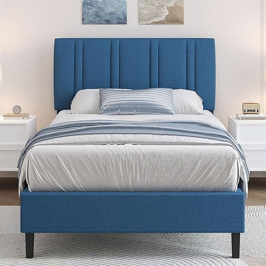 Twin Bed Frame, Upholstered Platform Bed with Button Tufted Headboard, Blue Bed Frame Twin Size for Kids Girls Boys, No Box Spring Required, Easy Assembly, Blue