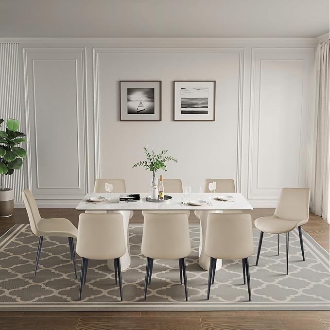 Dining Chairs, Modern PU Leather Dining Room Chair with Sturdy Metal Legs, Upholstered Seat Dinner Chairs Accent Side Chairs for Indoor Kitchen Living Room (Tan, Set of 8)