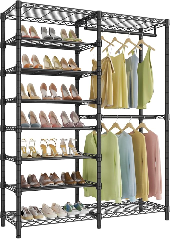 VIPEK S2 Heavy Duty Clothes Rack with Shoe Shelves Freestanding Clothing Rack with 6-Tier Shoe Rack, Double Hanging Rod, Adjustable Shelf, Walk in Closet Organizer Garment Rack, Black
