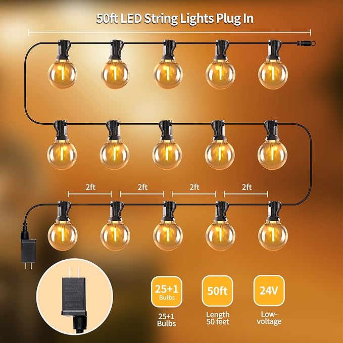 50ft LED String Lights with Remote, 25+1Bulbs Dimmable Patio Lights Outdoor, 24V Waterproof Plug, G40 Hanging Light for Outside Deck Garden Backyard Porch Party Decor