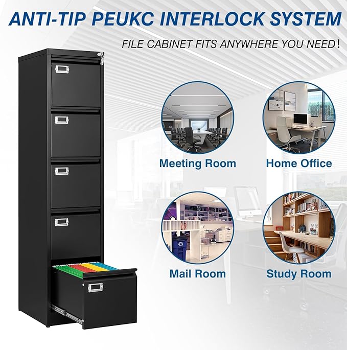 5-Drawer File Cabinet, 16.3" Deep Vertical Metal Filing Cabinet with Lock for Home Office, Anti-Tip 5 Storage Drawers for Letter/Legal/A4/F4 Size (Assemble Required, Black)