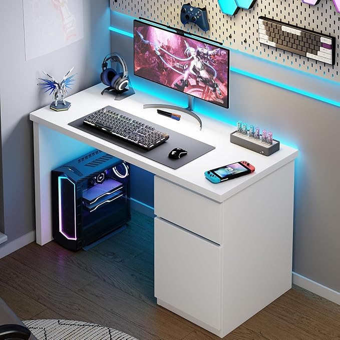 furtble White Desk with Drawers, 55 Inch Small Cute Desk for Bedroom, Home Office PC Desks Workstation Study Table Desks with Storage, White