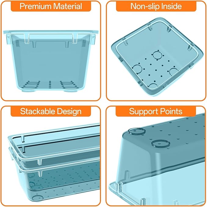 WOWBOX 8 PCS Plastic Drawer Organizer Set, 4 Sizes Desk Drawer Organization and Storage Containers for Makeup, Cosmetics, Jewelry and Gadgets in Kitchen, Bathroom, Bedroom, Office, Clear Sea Blue