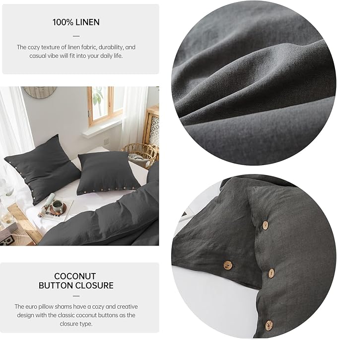 Simple&Opulence 100% Washed Linen Euro Sham Cover, 26 x 26 Inch, Decorative Bed Pillow Cover with Coconut Button, Solid Color Pillow Shams Set of 2 (Charcoal Grey)