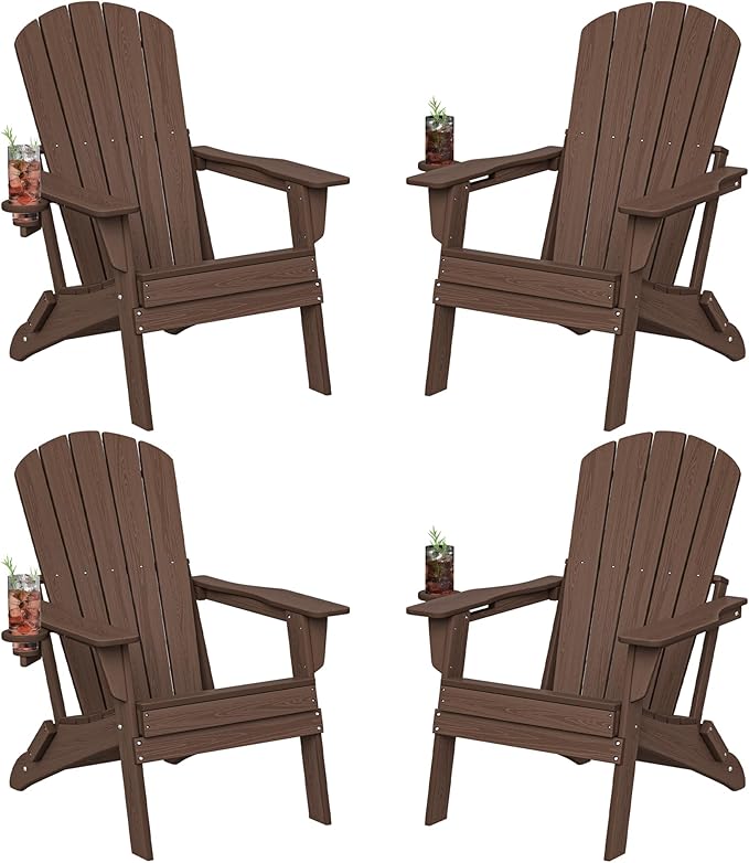 Plawdlik Folding Adirondack Chair Set of 4, Cup Holder，Wooden Textured ，Heavy All-Weather HDPE Comfortable Set Poolside Backyard Lawn Coffee