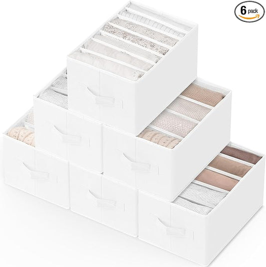 Criusia 6 Pack Large Clothes Organizer, Wardrobe Closet Organizer and Storage with Handles, Foldable Fabric Closet Organizers Dividers for Clothing, Pants, Jeans, Sweater, T-shirts, White